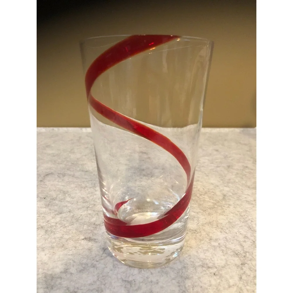 Pier 1 Swirline Red Swirl Highball Glass Clear Hand Blown Tumblers 6.25